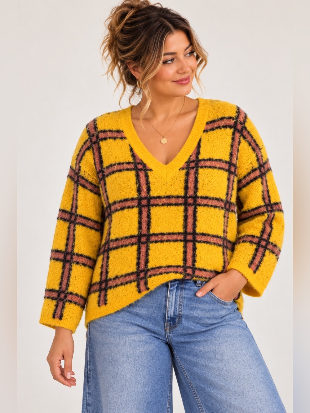 Modcloth Womens Y2K Oversized Fuzzy Plaid Sweater L 90s Grunge Preppy Whimsigoth